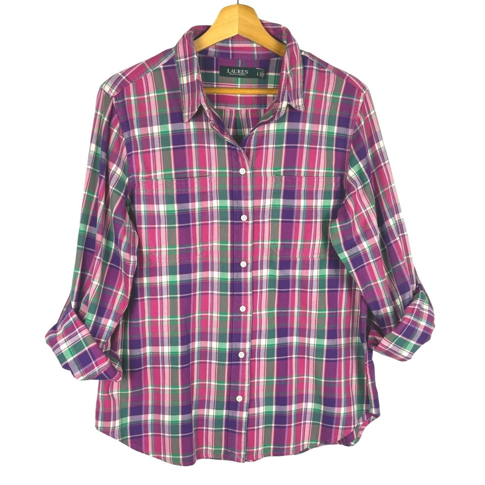 Lauren Ralph Lauren Women Long Sleeve Plaid Button Down Shirt L Cotton Academia